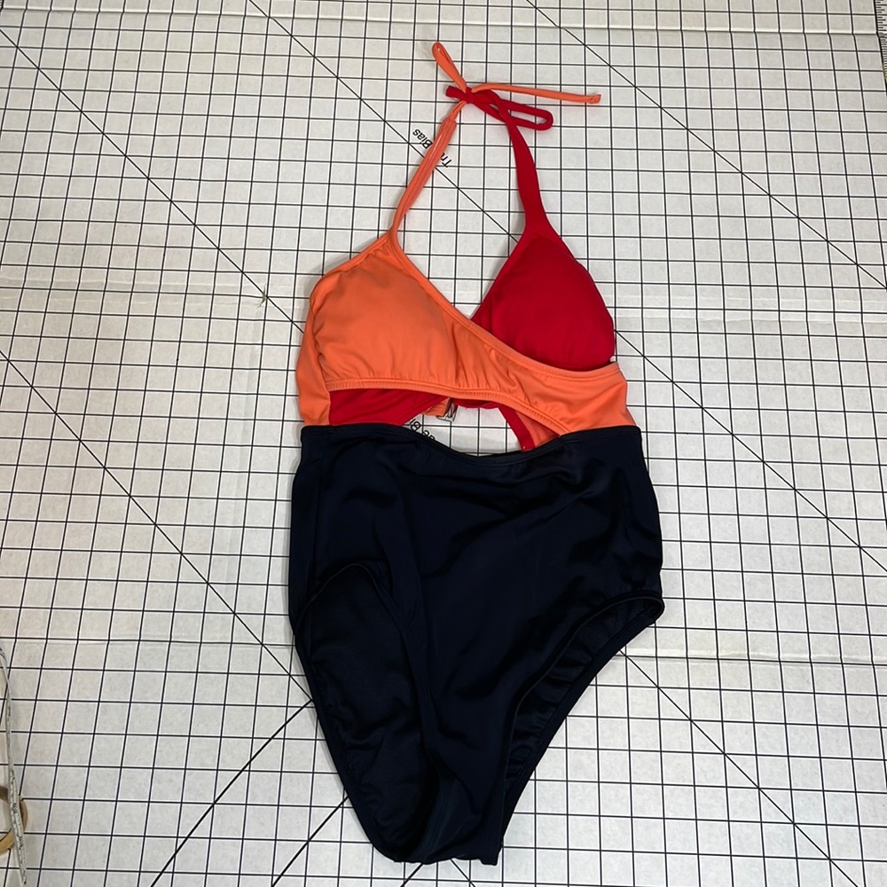Eco Beach coral, red and black one piece swimsuit